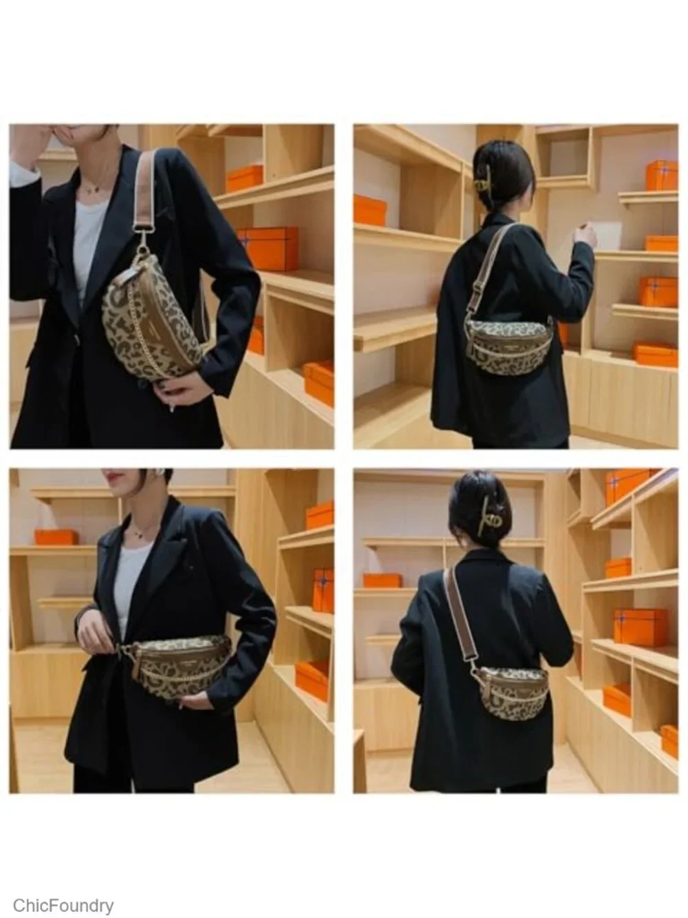 Trendy Leopard Pattern Leather Fanny Pack Crossbody Bag Sling Chest Bag with